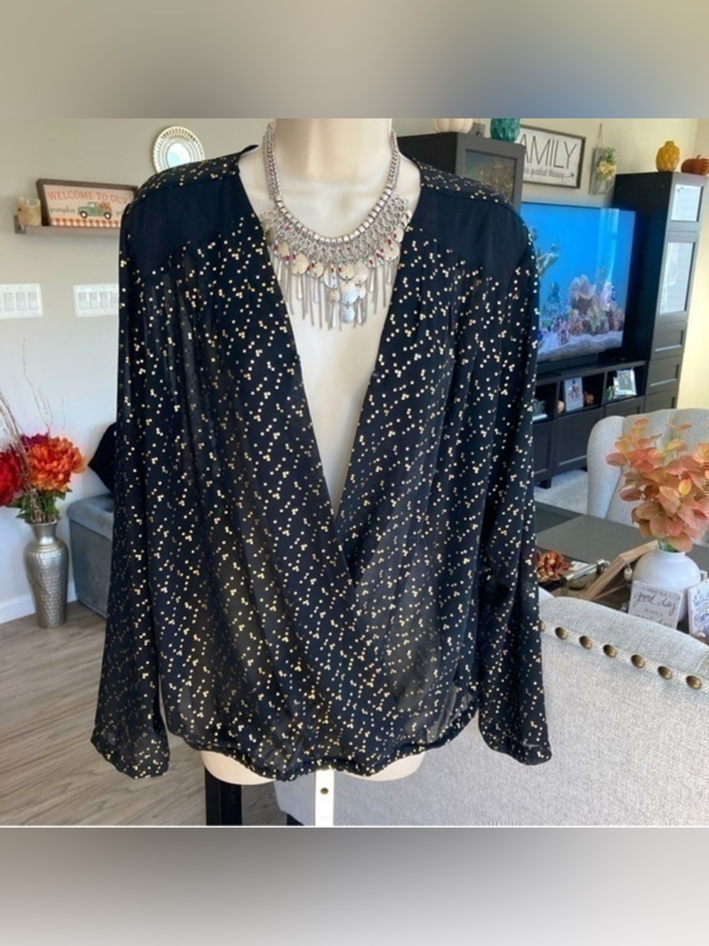 🌸 Ellen Tracy Black Surplice Blouse with Gold Dot Print
